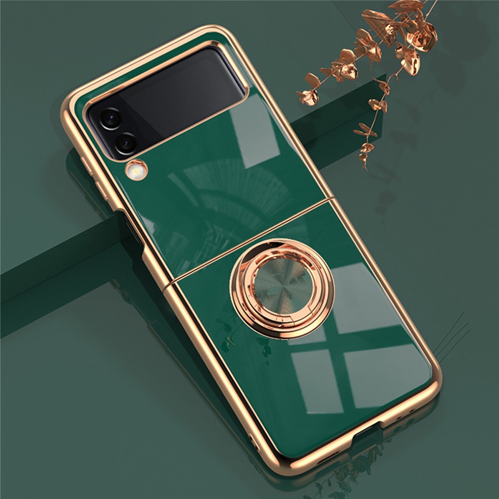 For Samsung Galaxy Z Flip4 5G Ring Kickstand PC Case Electroplating Folding Phone Cover with Car Mount Metal Sheet - Midnight Green-2
