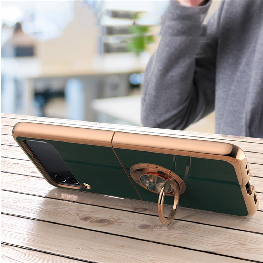 For Samsung Galaxy Z Flip4 5G Ring Kickstand PC Case Electroplating Folding Phone Cover with Car Mount Metal Sheet - Midnight Green-3