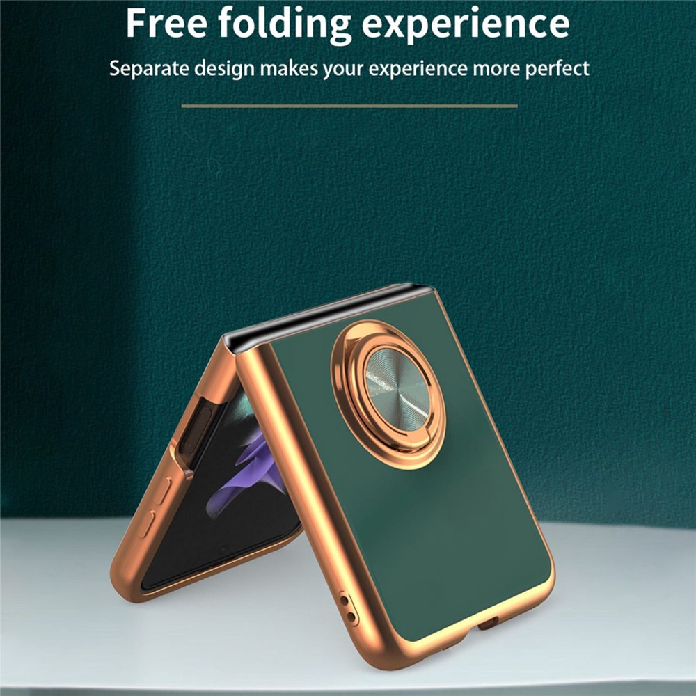 For Samsung Galaxy Z Flip4 5G Ring Kickstand PC Case Electroplating Folding Phone Cover with Car Mount Metal Sheet - Midnight Green-4