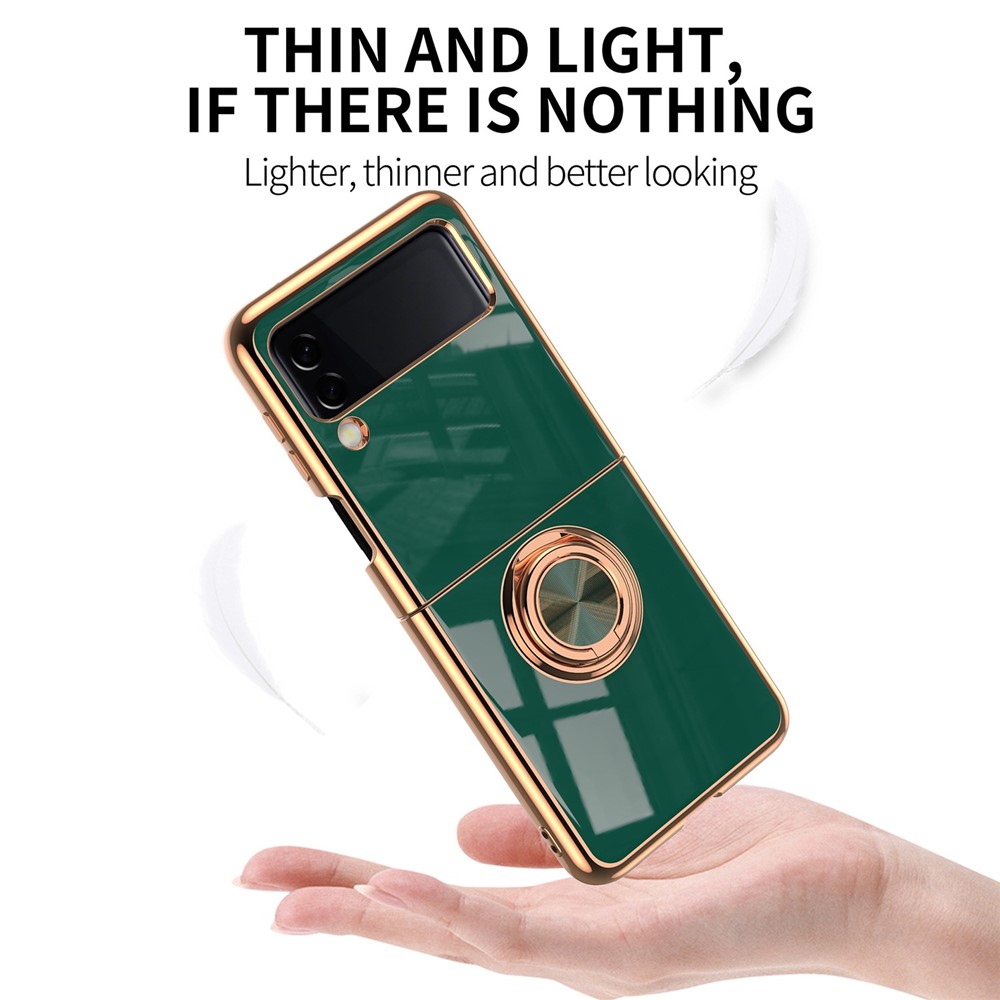 For Samsung Galaxy Z Flip4 5G Ring Kickstand PC Case Electroplating Folding Phone Cover with Car Mount Metal Sheet - Midnight Green-5