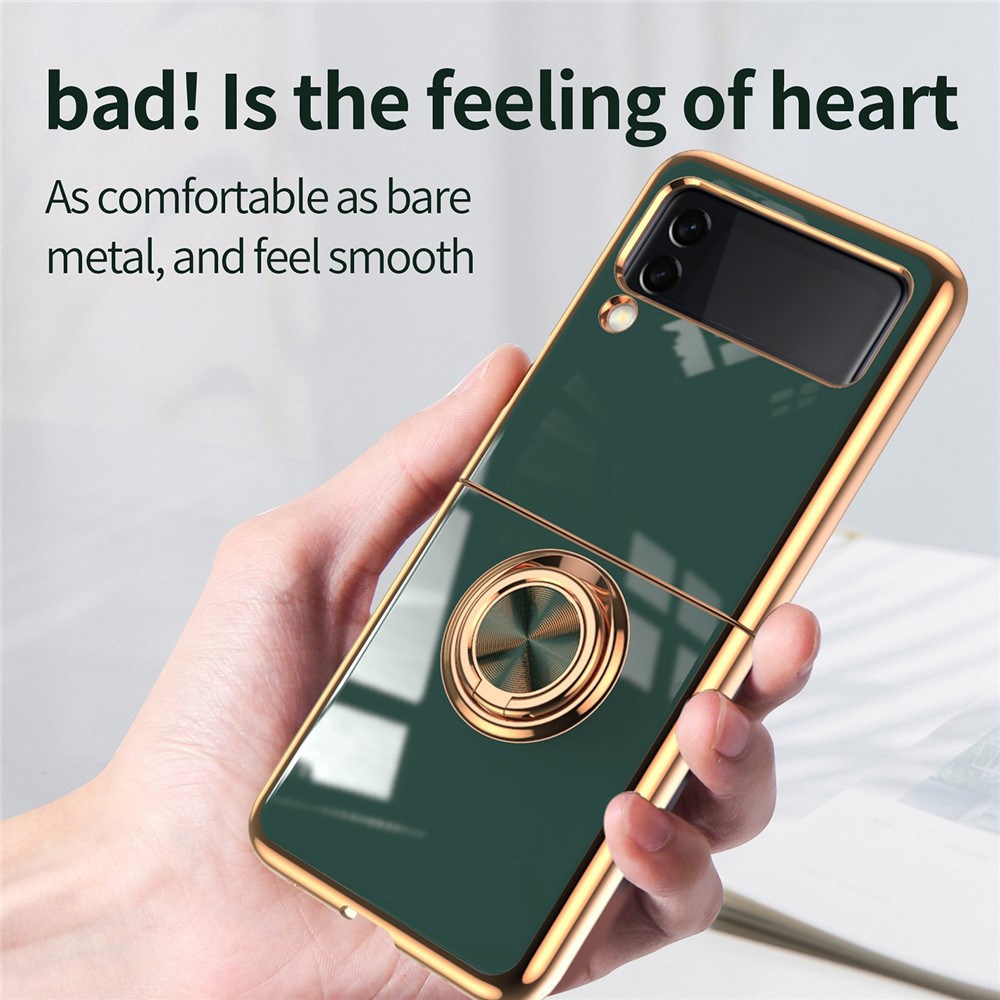For Samsung Galaxy Z Flip4 5G Ring Kickstand PC Case Electroplating Folding Phone Cover with Car Mount Metal Sheet - Midnight Green-7