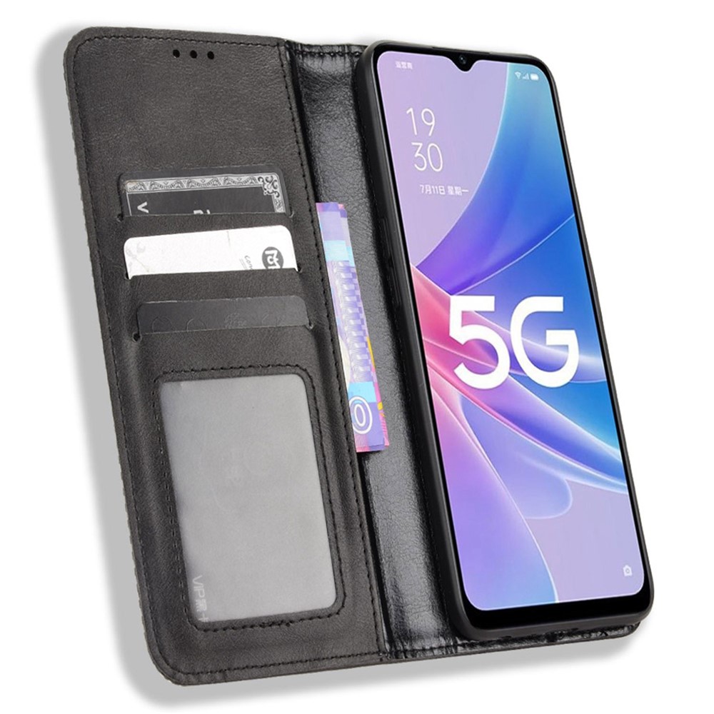 For Oppo A97 5G Auto Closing Magnetic Phone Case Retro PU Leather + TPU Wallet Stand Phone Cover - Black-2