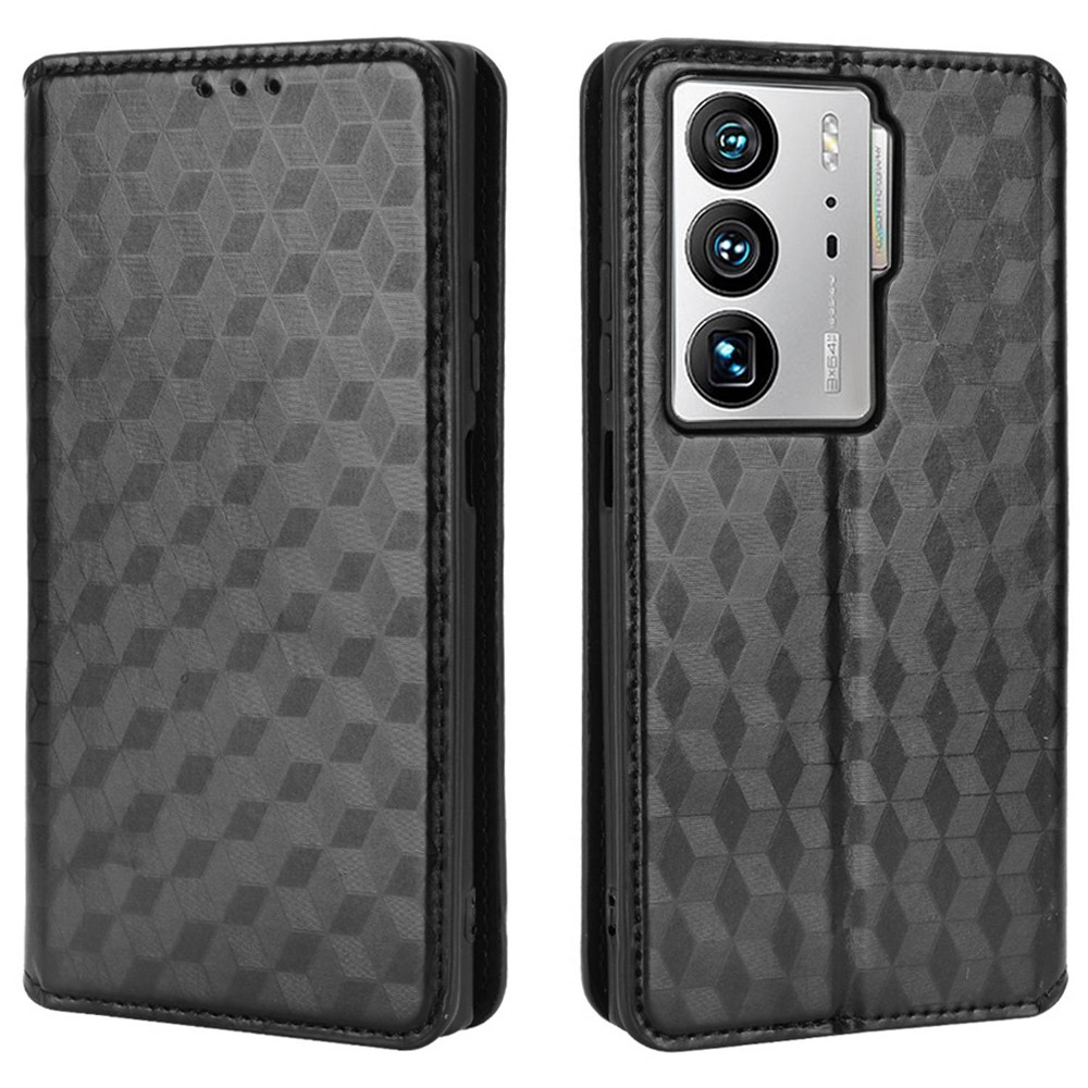 For ZTE Axon 40 Ultra 5G Imprinting Rhombus Pattern Phone Case Magnetic Absorption PU Leather Wallet Stand Cover - Black-1