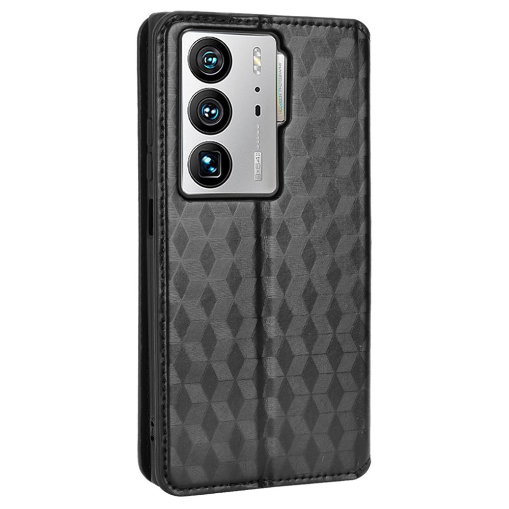 For ZTE Axon 40 Ultra 5G Imprinting Rhombus Pattern Phone Case Magnetic Absorption PU Leather Wallet Stand Cover - Black-8