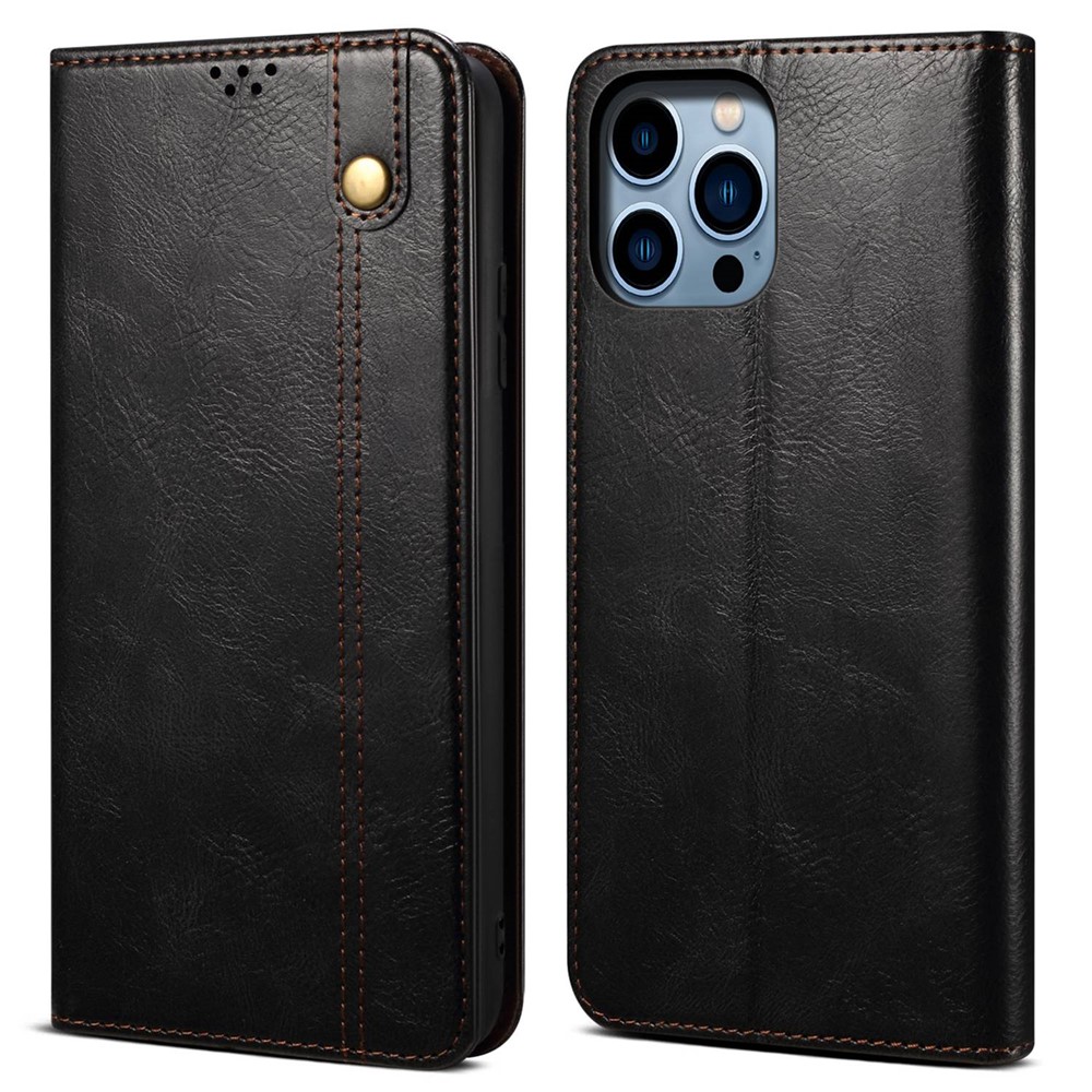 For iPhone 14 Pro Max 6.7 inch PU Leather Waxy Crazy Horse Texture Case Stand Wallet Folio Flip Phone Cover - Black-1