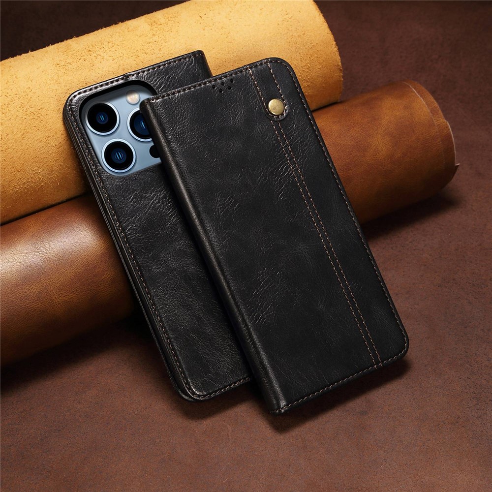 For iPhone 14 Pro Max 6.7 inch PU Leather Waxy Crazy Horse Texture Case Stand Wallet Folio Flip Phone Cover - Black-7