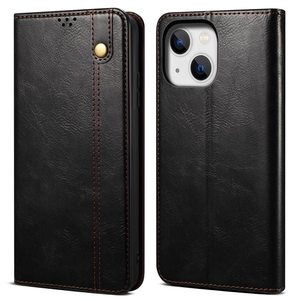 Waxy Crazy Horse Texture Phone Case for iPhone 14 6.1 inch, Anti-scratch PU Leather Stand Wallet Cover - Black-1