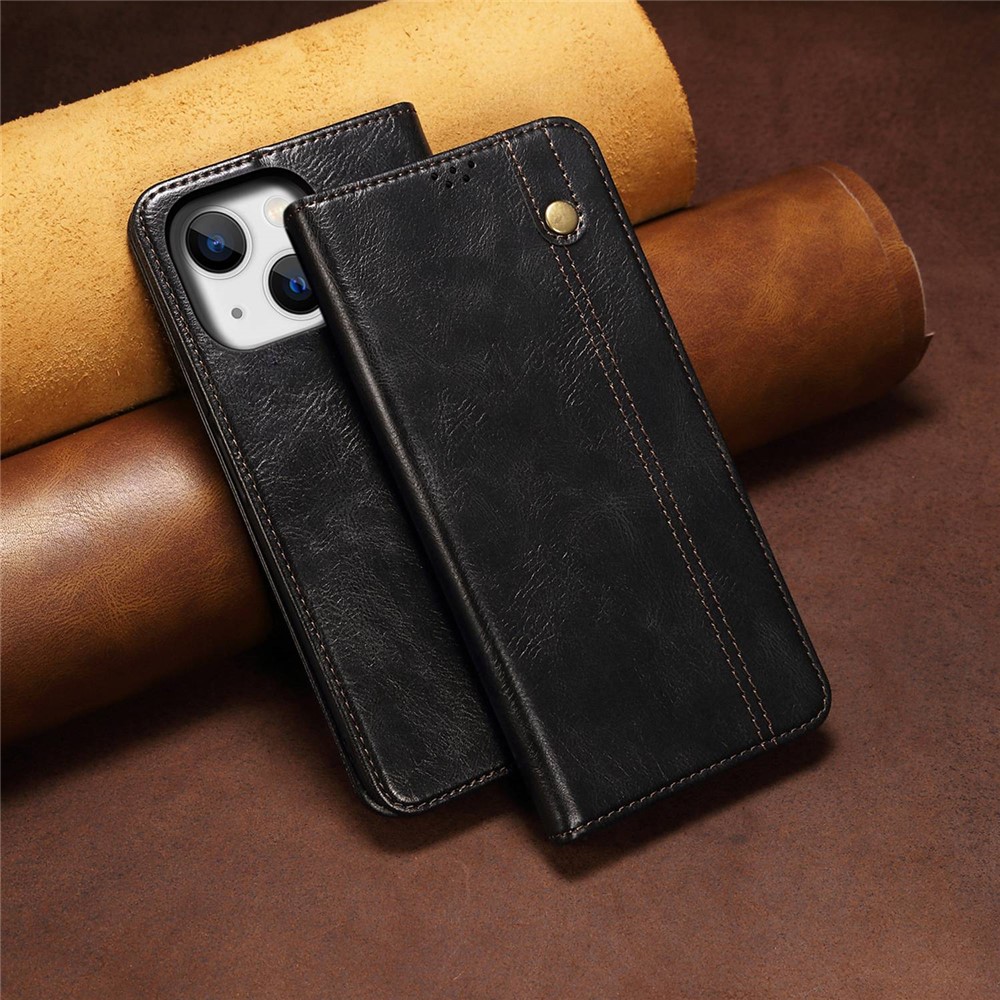 Waxy Crazy Horse Texture Phone Case for iPhone 14 6.1 inch, Anti-scratch PU Leather Stand Wallet Cover - Black-7