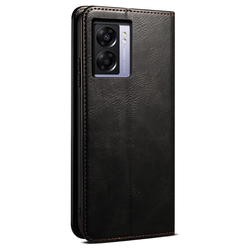 For Oppo A57 (2022) 5G / A77 5G Waxy Crazy Horse Texture PU Leather Case Auto Closing Magnetic Phone Cover with Wallet Stand - Black-10
