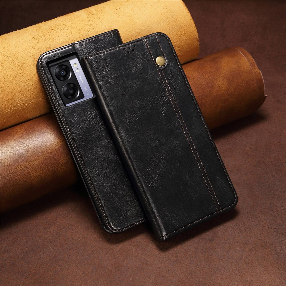 For Oppo A57 (2022) 5G / A77 5G Waxy Crazy Horse Texture PU Leather Case Auto Closing Magnetic Phone Cover with Wallet Stand - Black-8