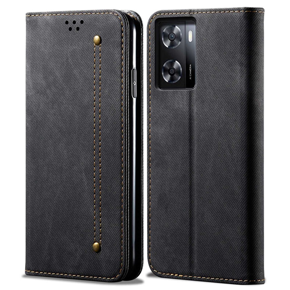 For Oppo A57 (2022) 5G / A77 5G Shockproof Phone Flip Wallet Cover Stand Scratch-resistant Jeans Cloth Texture PU Leather Mobile Phone Protective Case - Black-1