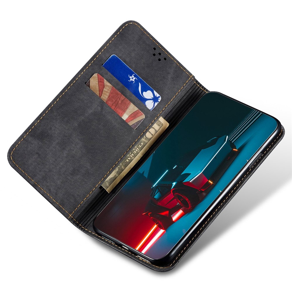For Oppo A57 (2022) 5G / A77 5G Shockproof Phone Flip Wallet Cover Stand Scratch-resistant Jeans Cloth Texture PU Leather Mobile Phone Protective Case - Black-2