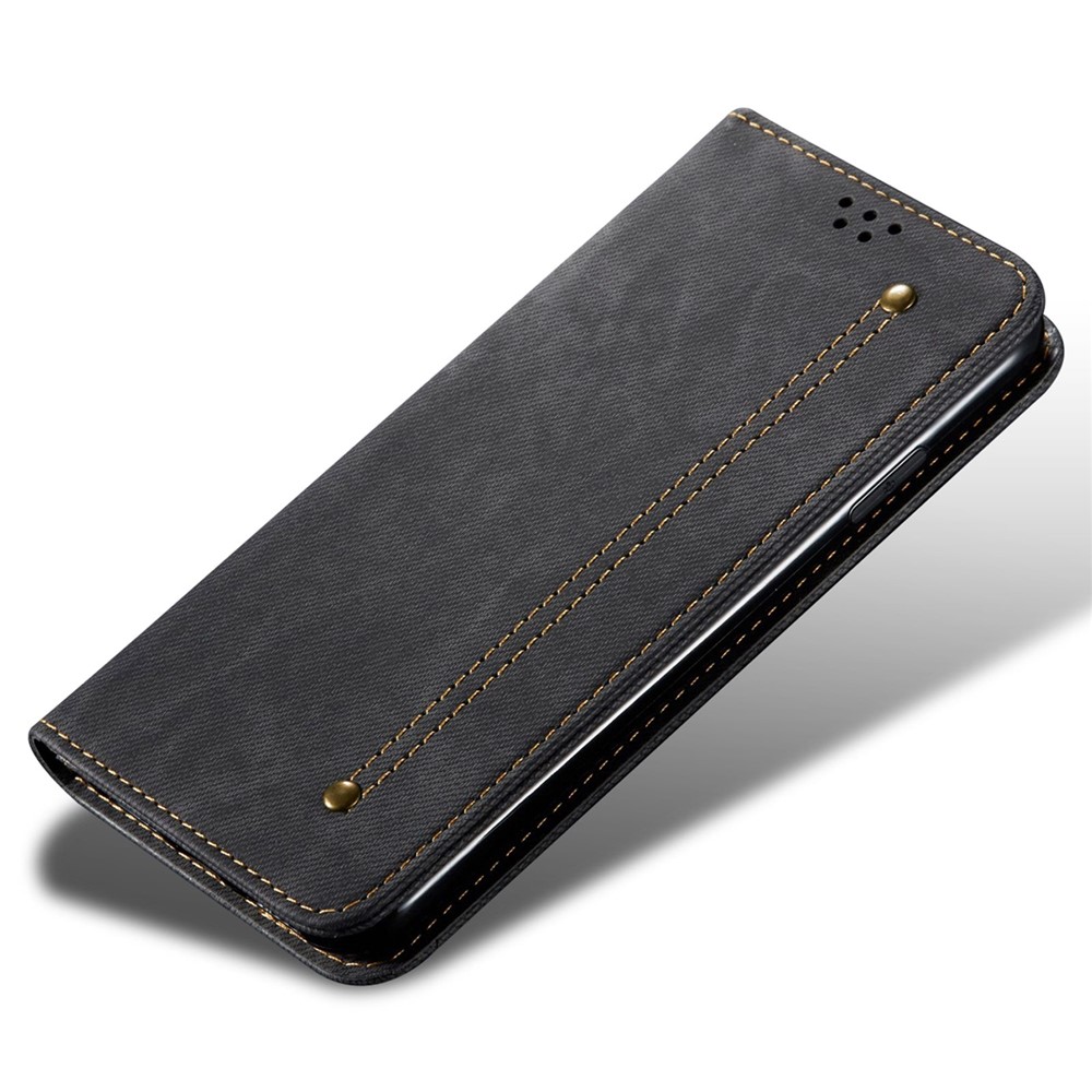 For Oppo A57 (2022) 5G / A77 5G Shockproof Phone Flip Wallet Cover Stand Scratch-resistant Jeans Cloth Texture PU Leather Mobile Phone Protective Case - Black-4