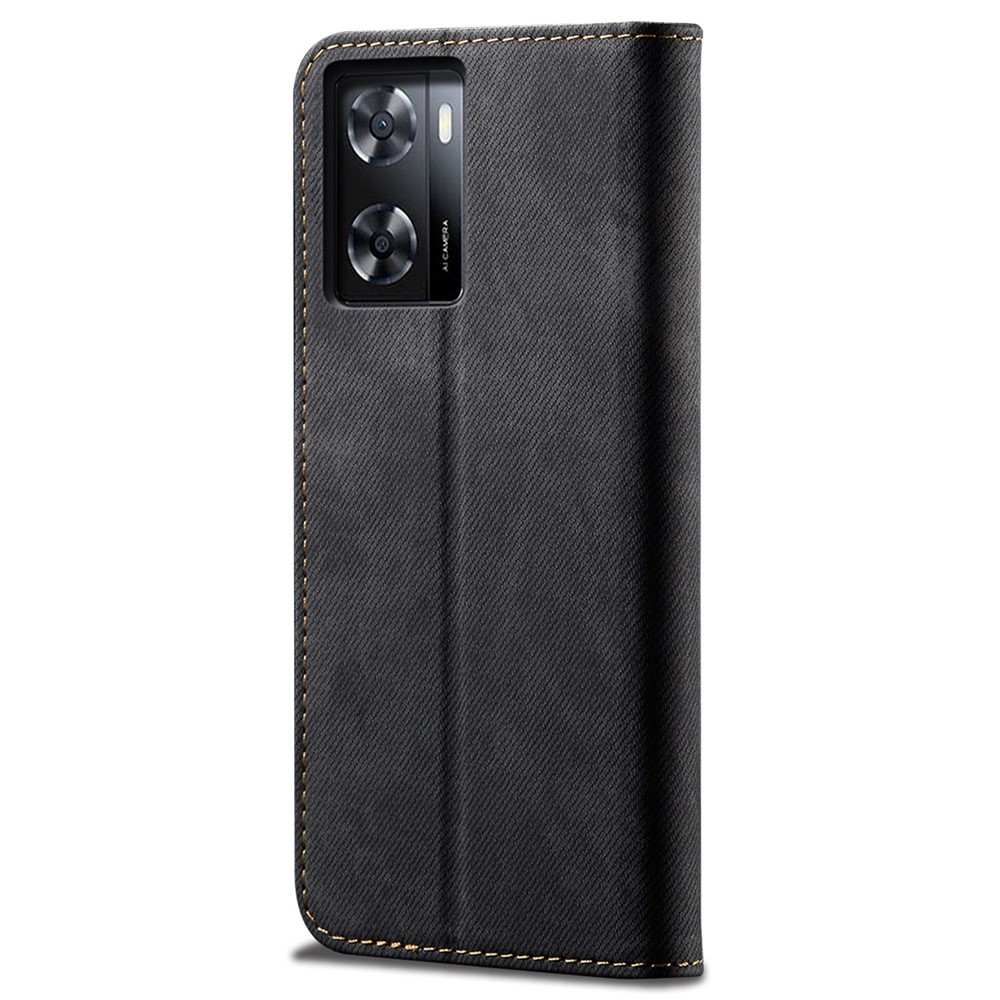 For Oppo A57 (2022) 5G / A77 5G Shockproof Phone Flip Wallet Cover Stand Scratch-resistant Jeans Cloth Texture PU Leather Mobile Phone Protective Case - Black-6