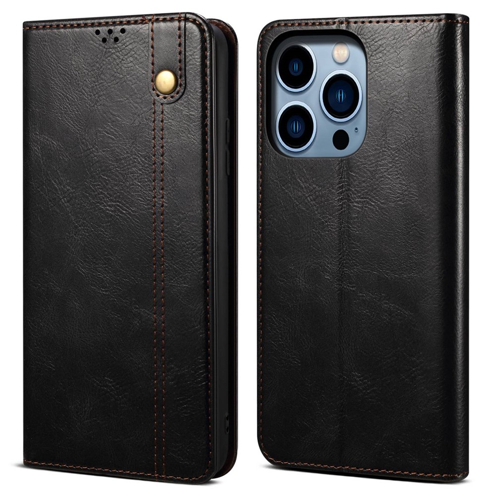For iPhone 14 Pro 6.1 inch Shockproof Leather Phone Case Waxy Crazy Horse Texture Stand Wallet Protective Cover - Black-1