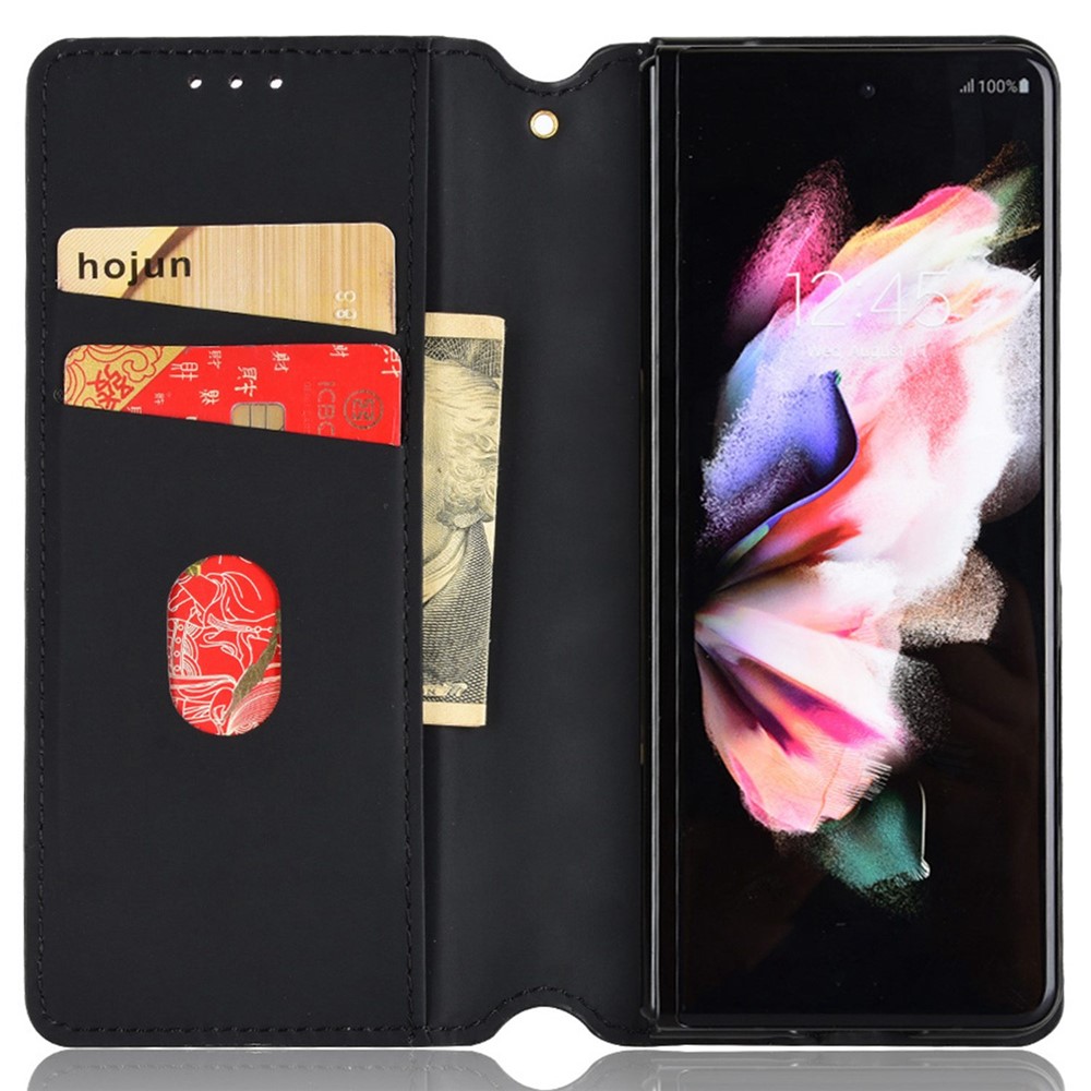 For Samsung Galaxy Z Fold4 5G PU Leather + PC Case Magnetic Auto-absorbed Imprinting Rhombus Pattern Stand Wallet Phone Cover - Black-2