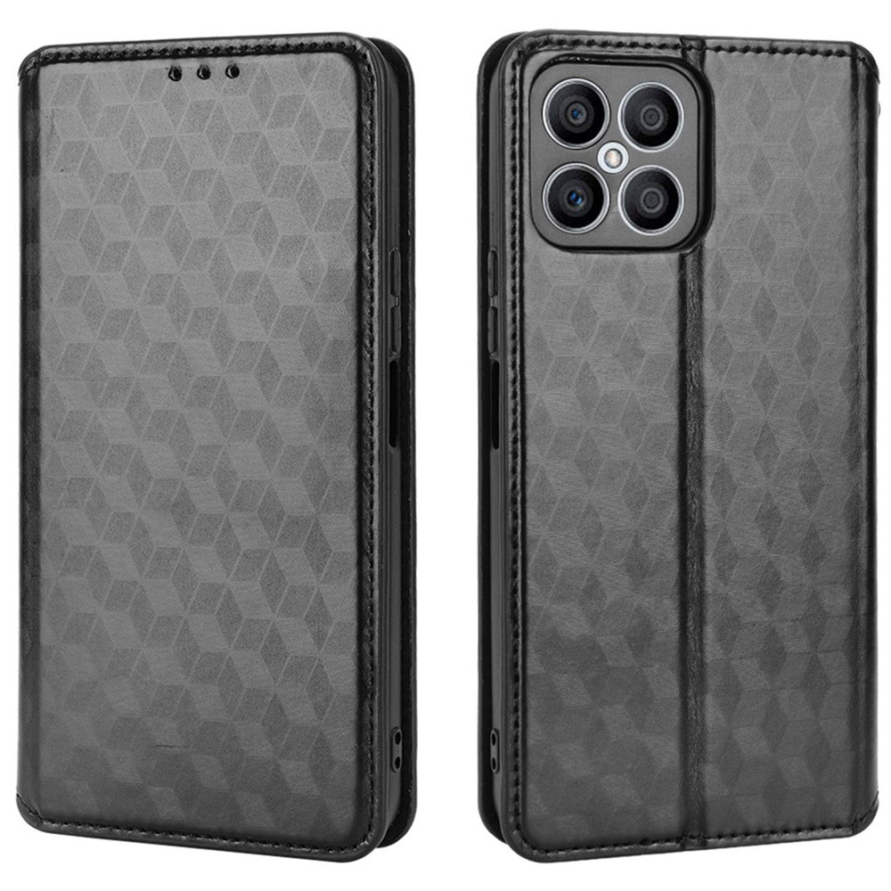 For Honor X8 / X30i Magnetic Auto-absorbed PU Leather Case Imprinting Rhombus Pattern Phone Wallet Stand Cover - Black-1