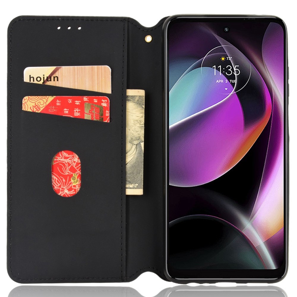 For Motorola Moto G (2022) 5G PU Leather Magnetic Auto-absorbed Phone Case Imprinting Rhombus Pattern Stand Wallet Folio Flip Cover - Brown-2