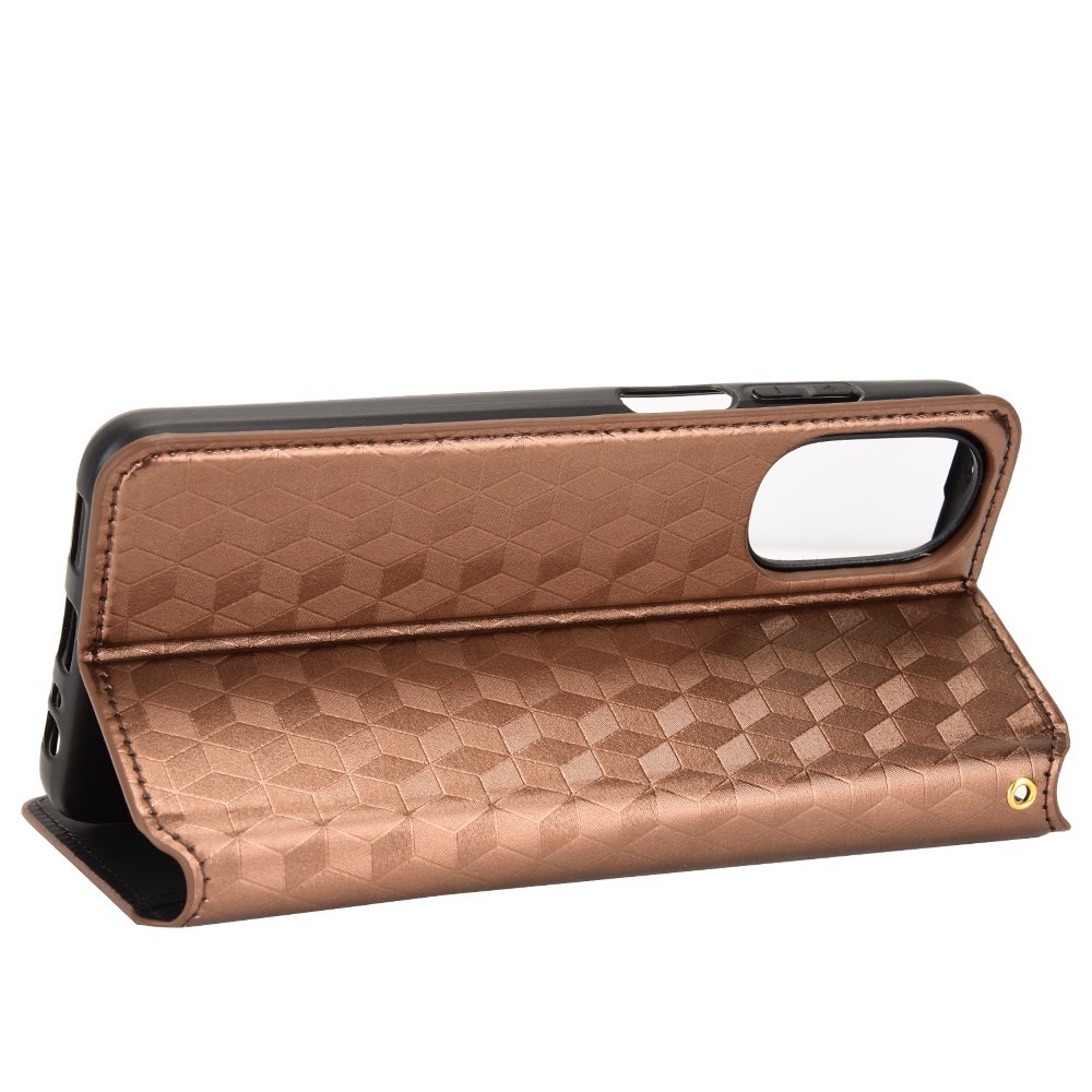 For Motorola Moto G (2022) 5G PU Leather Magnetic Auto-absorbed Phone Case Imprinting Rhombus Pattern Stand Wallet Folio Flip Cover - Brown-3