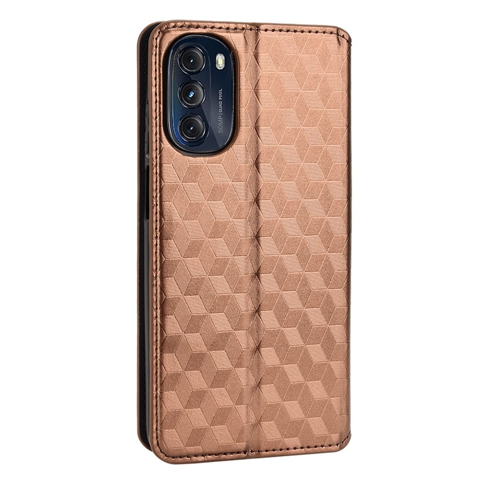 For Motorola Moto G (2022) 5G PU Leather Magnetic Auto-absorbed Phone Case Imprinting Rhombus Pattern Stand Wallet Folio Flip Cover - Brown-6