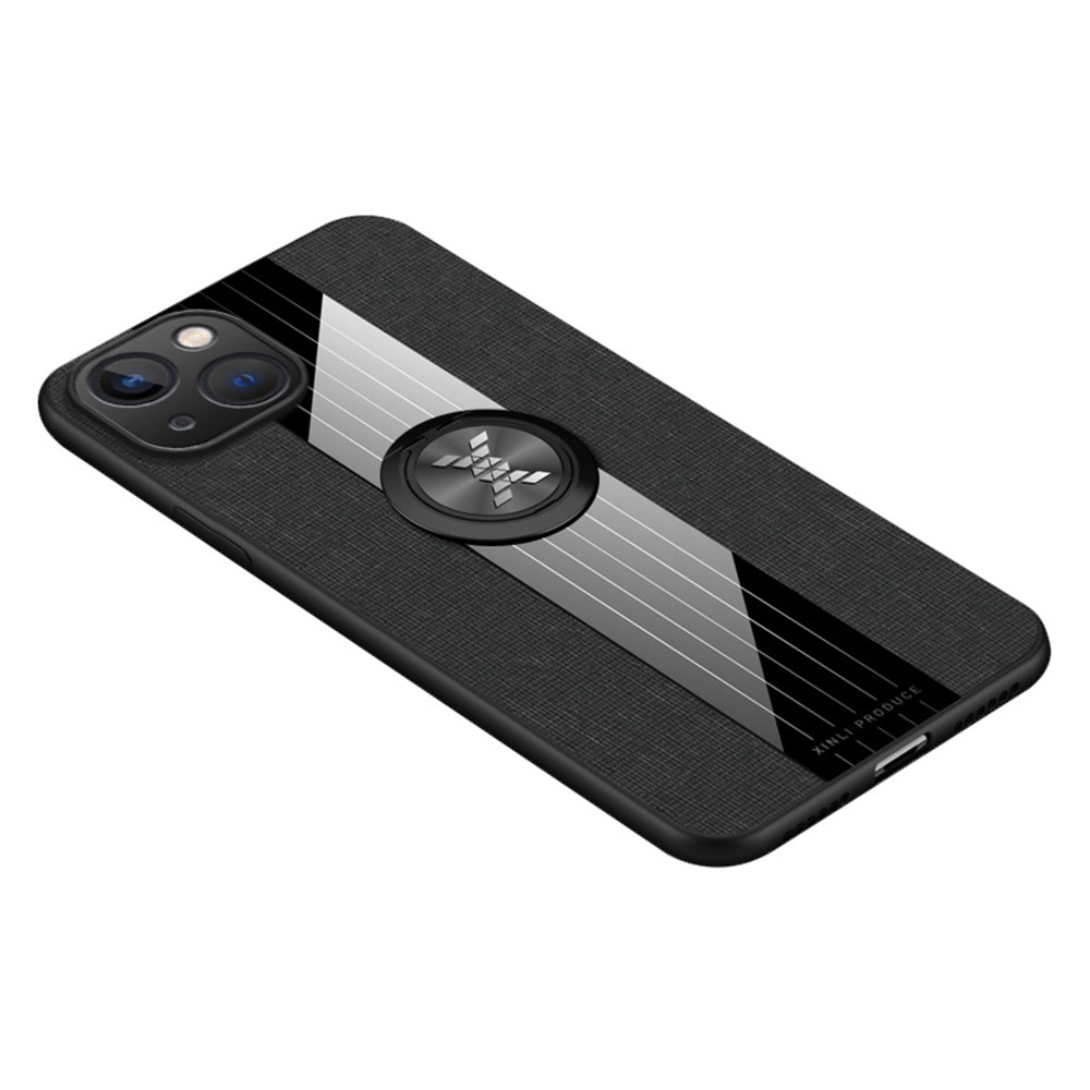 For iPhone 14 Max 6.7 inch Cloth Texture Ring Kickstand Phone Case TPU + PC Cover with Car Mount Metal Sheet - Black-1