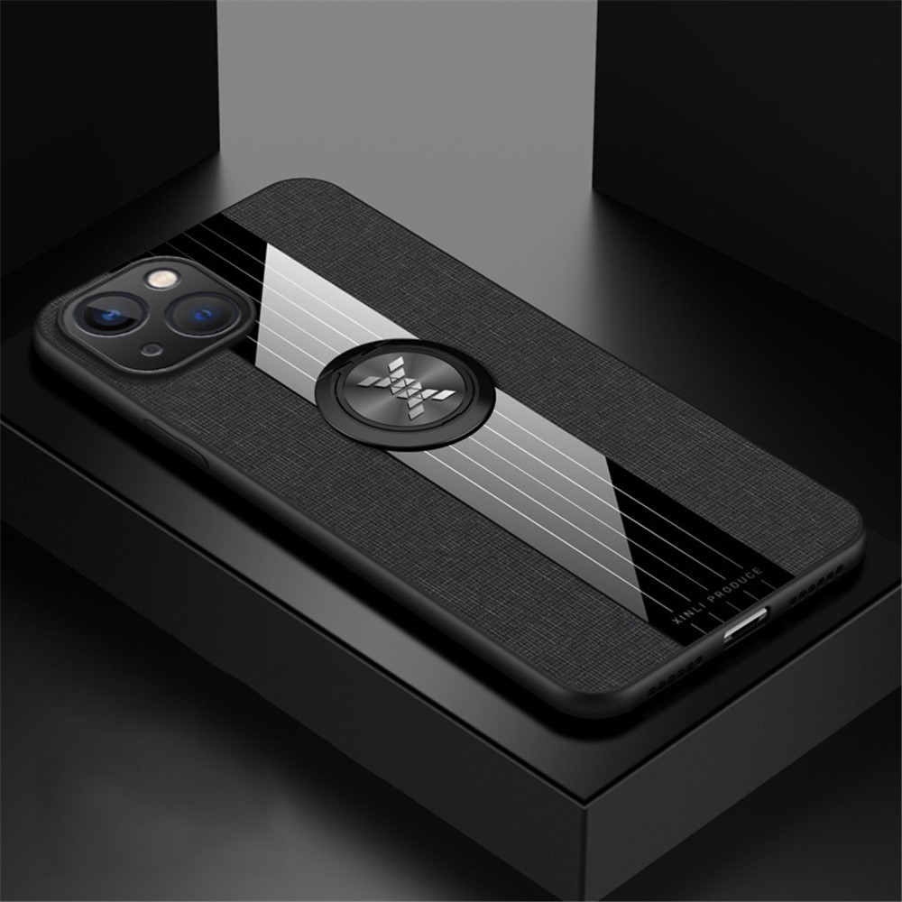 For iPhone 14 Max 6.7 inch Cloth Texture Ring Kickstand Phone Case TPU + PC Cover with Car Mount Metal Sheet - Black-2