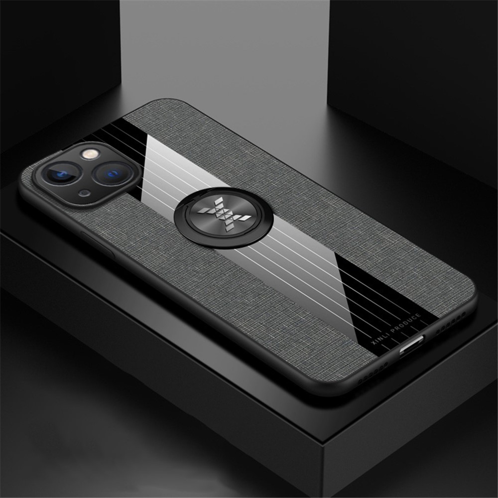 Cloth Texture Phone Cover for iPhone 14 6.1 inch, Ring Kickstand TPU + PC Hybrid Case with Built-in Magnetic Holder Metal Sheet - Grey-2
