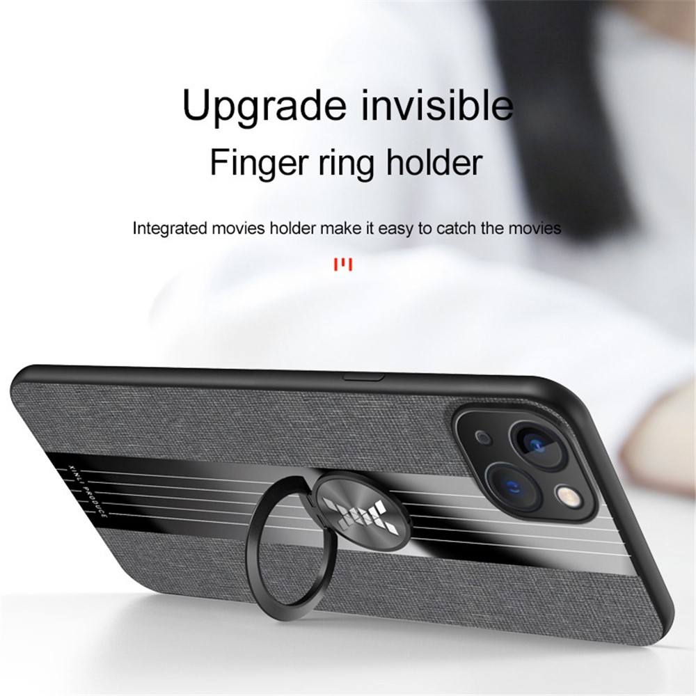 Cloth Texture Phone Cover for iPhone 14 6.1 inch, Ring Kickstand TPU + PC Hybrid Case with Built-in Magnetic Holder Metal Sheet - Grey-3