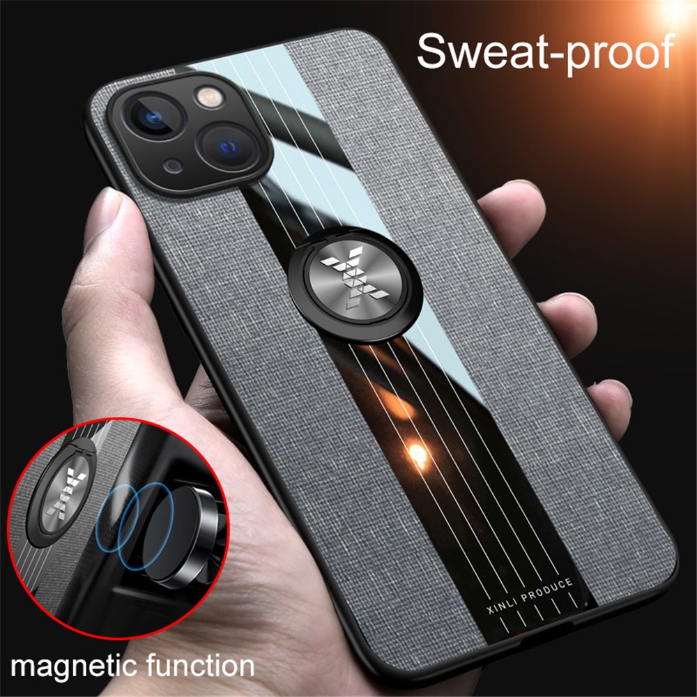 Cloth Texture Phone Cover for iPhone 14 6.1 inch, Ring Kickstand TPU + PC Hybrid Case with Built-in Magnetic Holder Metal Sheet - Grey-4