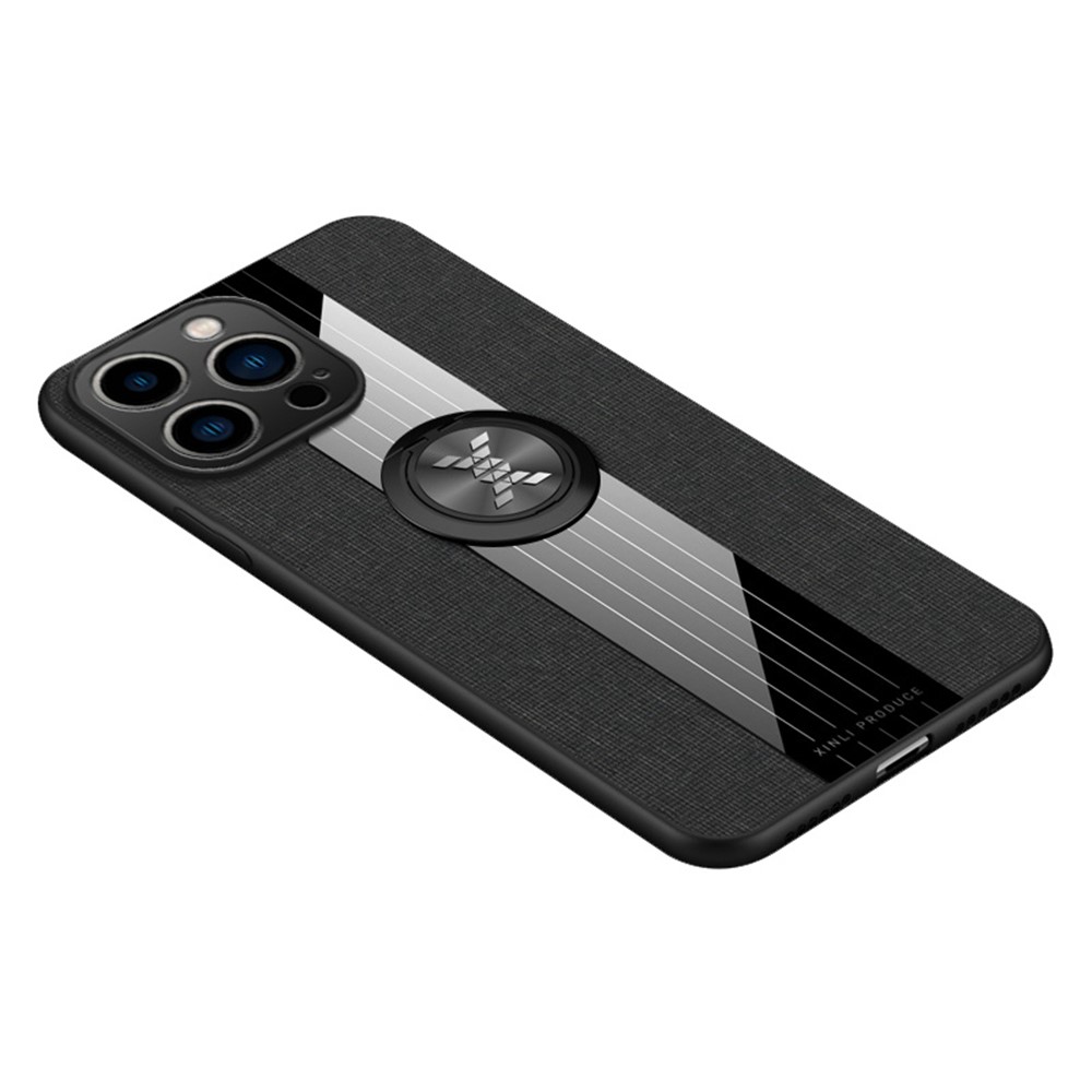 For iPhone 14 Pro 6.1 inch Ring Kickstand Phone Cover Cloth Texture Hybrid TPU + PC Case with Built-in Magnetic Holder Metal Sheet - Black-1