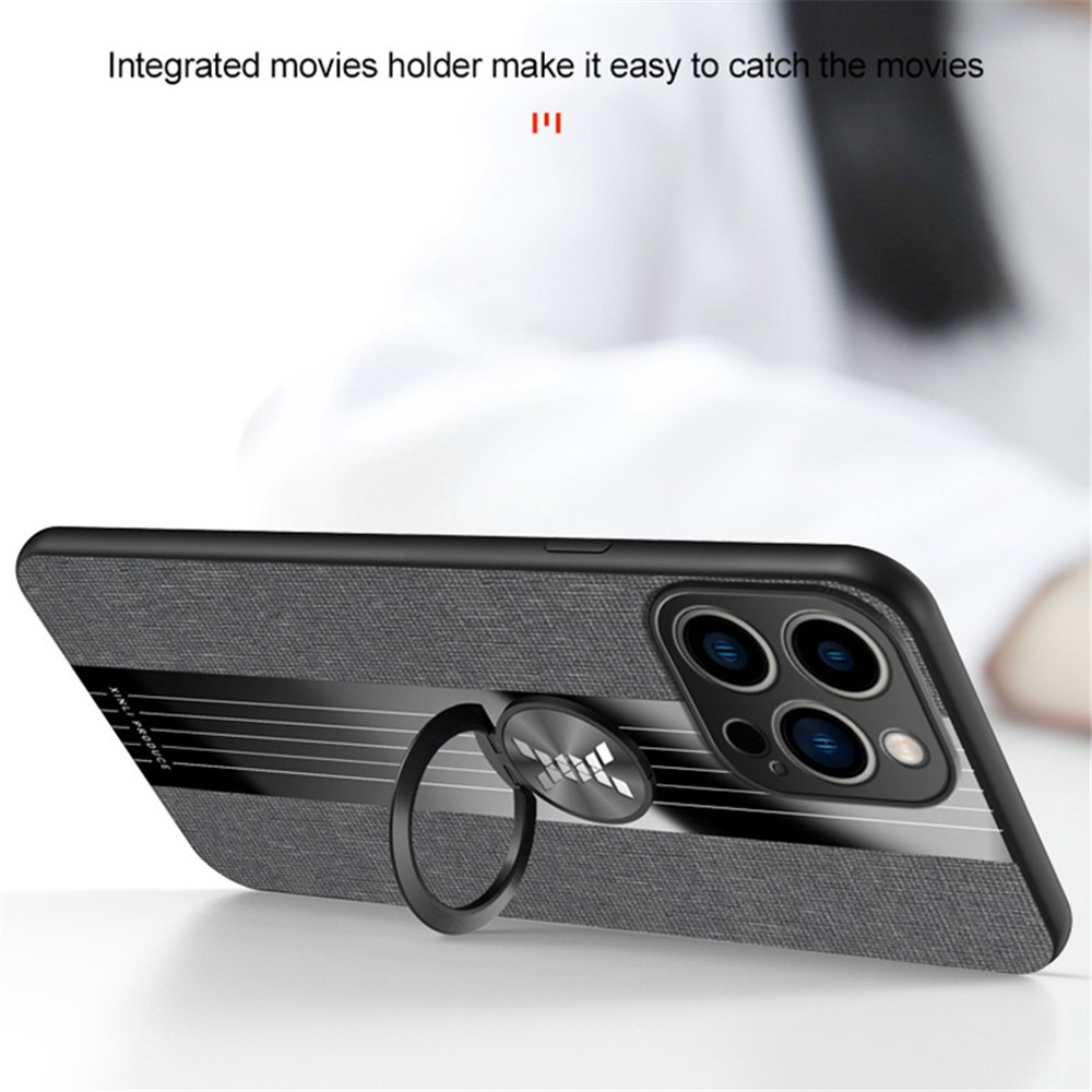 For iPhone 14 Pro 6.1 inch Ring Kickstand Phone Cover Cloth Texture Hybrid TPU + PC Case with Built-in Magnetic Holder Metal Sheet - Black-3