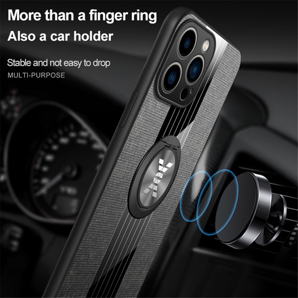For iPhone 14 Pro 6.1 inch Ring Kickstand Phone Cover Cloth Texture Hybrid TPU + PC Case with Built-in Magnetic Holder Metal Sheet - Black-4
