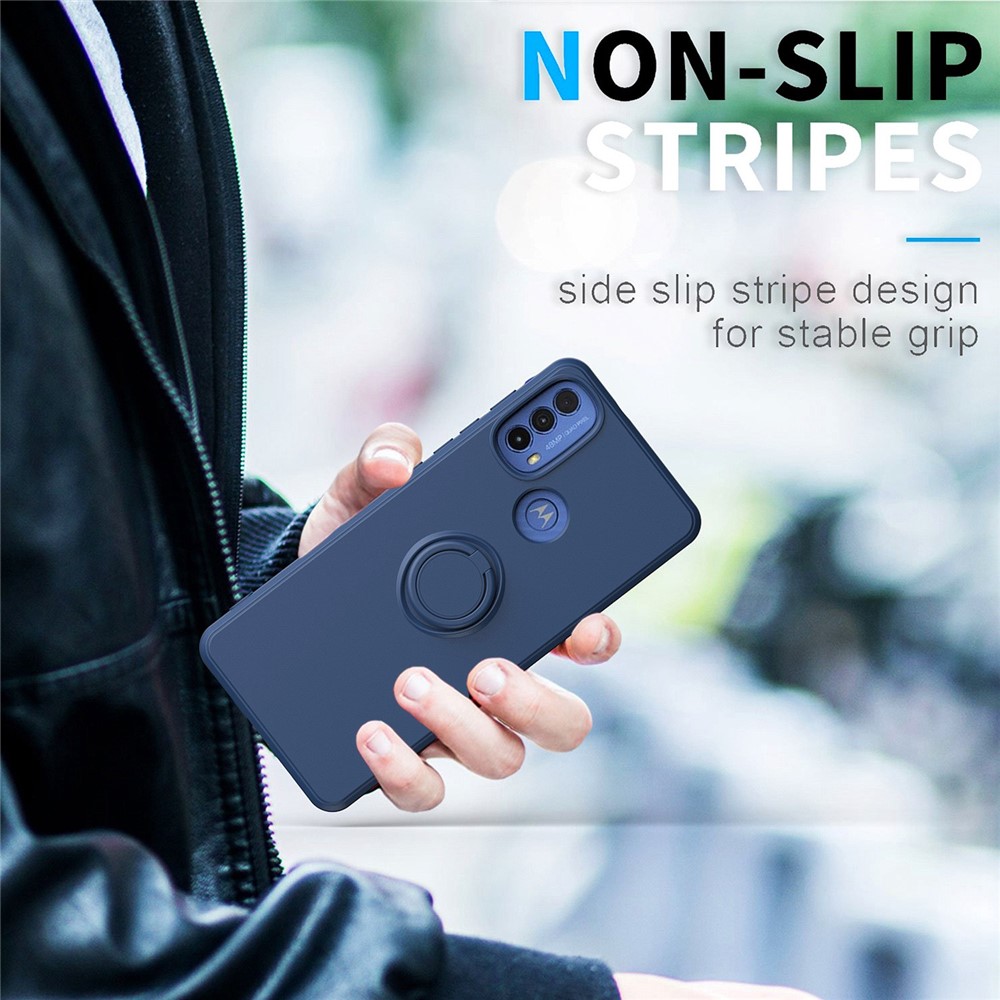 For Motorola Moto E30 / E40 Ring Kickstand TPU Case Anti-drop Rubberized Phone Cover with Built-in Magnetic Holder Metal Sheet - Sapphire-7