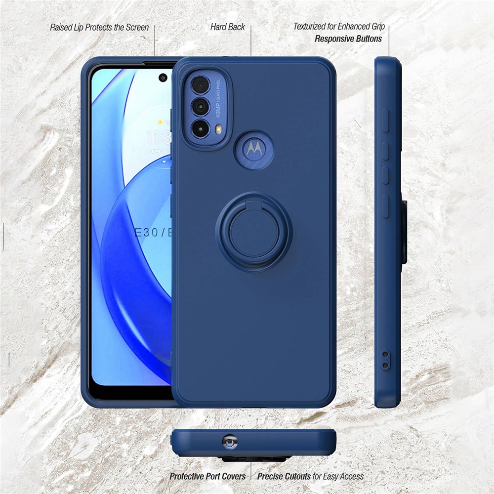 For Motorola Moto E30 / E40 Ring Kickstand TPU Case Anti-drop Rubberized Phone Cover with Built-in Magnetic Holder Metal Sheet - Sapphire-8