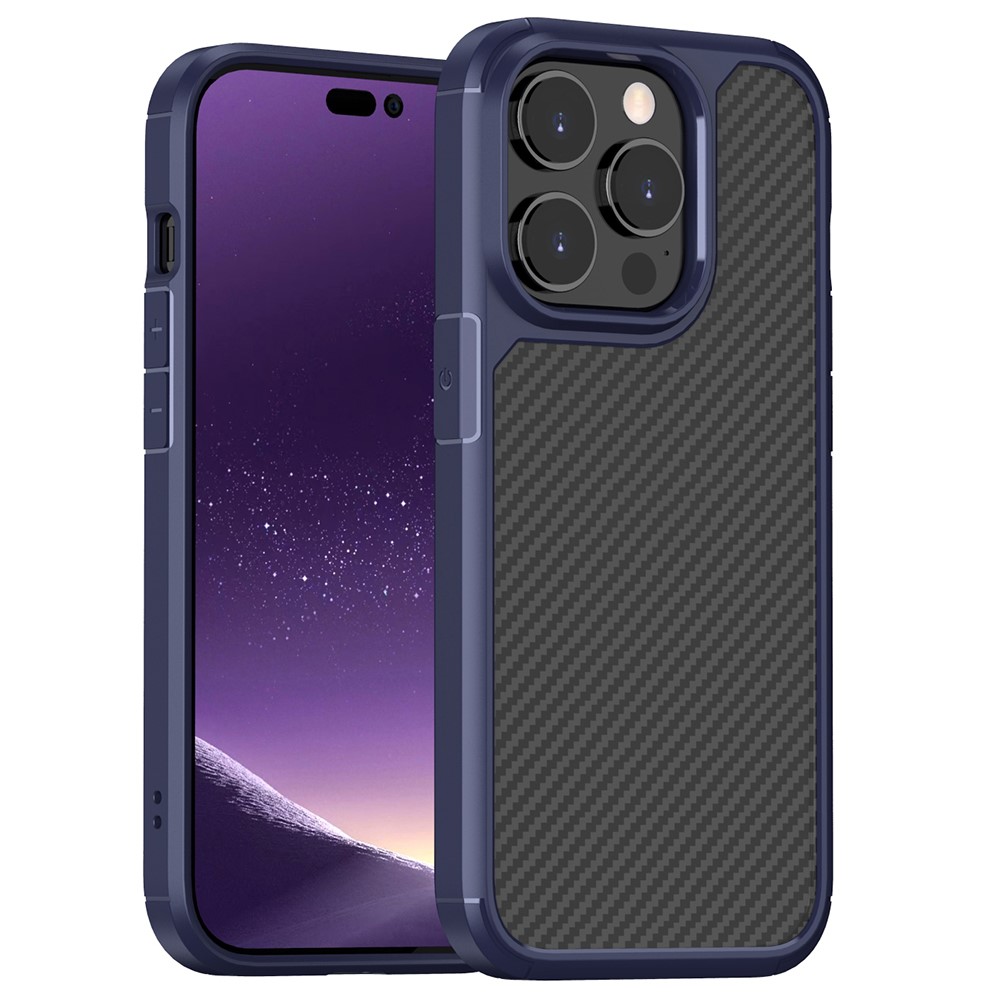 Carbon Fiber Texture Phone Case for iPhone 14 Pro 6.1 inch, Anti-scratch Matte Translucent PC + TPU Cover - Dark Blue-1