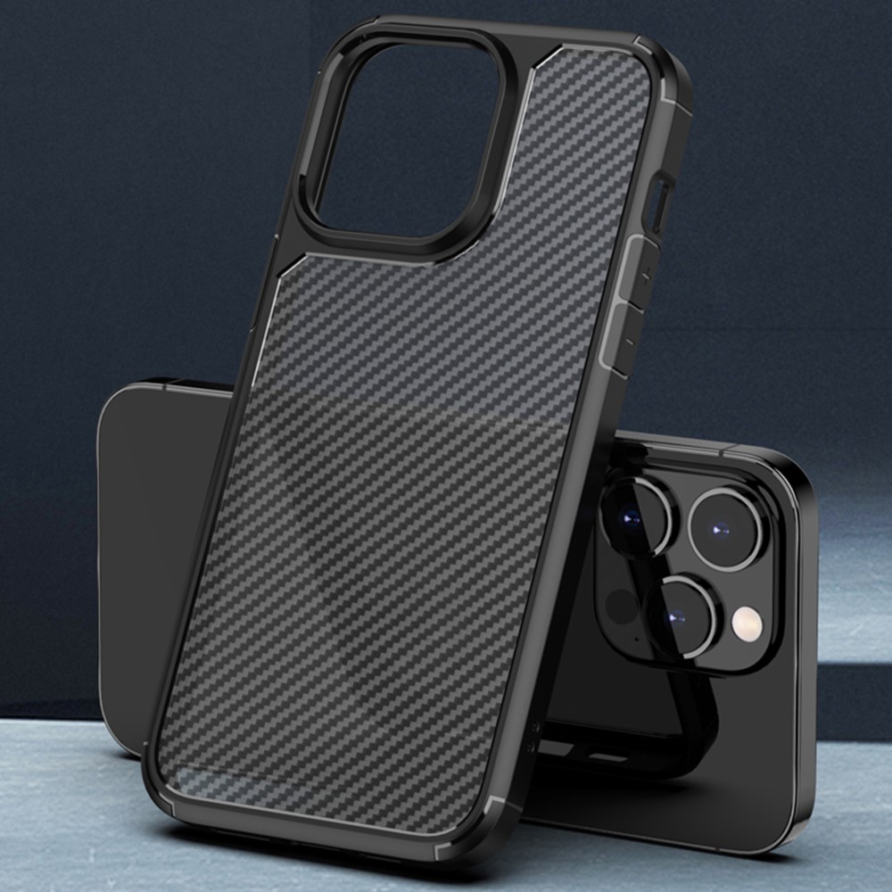 For iPhone 14 Pro Max 6.7 inch Translucent Carbon Fiber Texture Matte Phone Cover Anti-drop PC + TPU Hybrid Case - Black-3