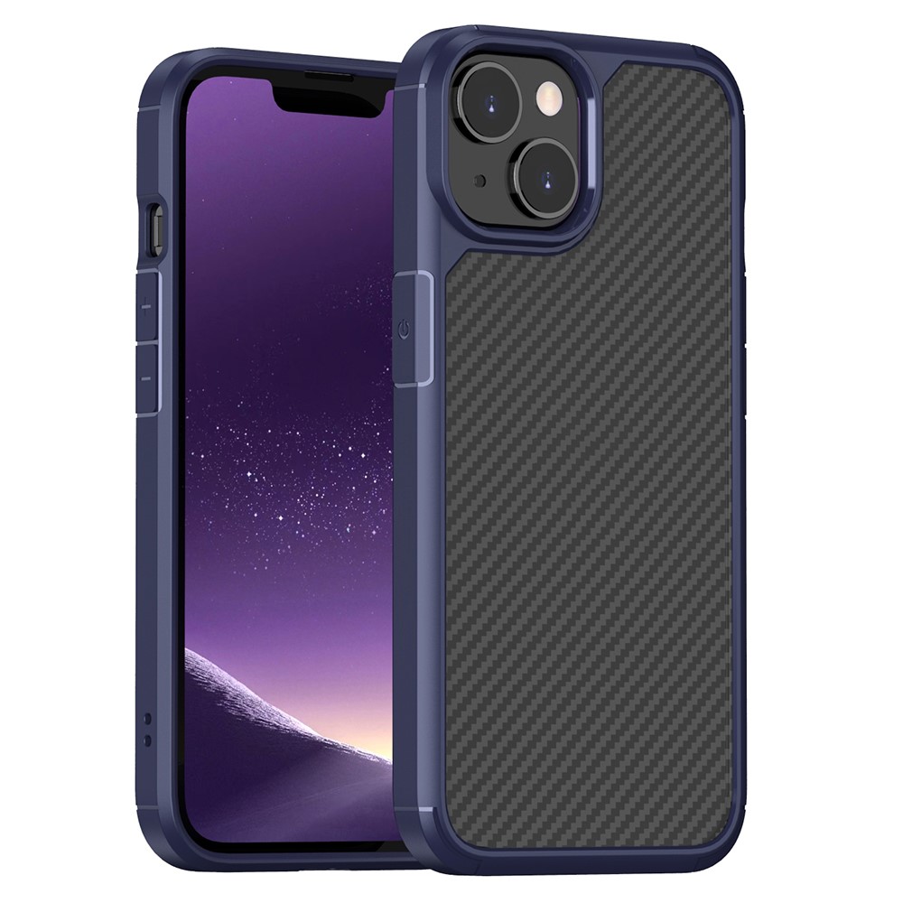 Translucent Matte Phone Case for iPhone 14 6.1 inch, Carbon Fiber Texture PC + TPU Airbag Shockproof Cover - Dark Blue-1