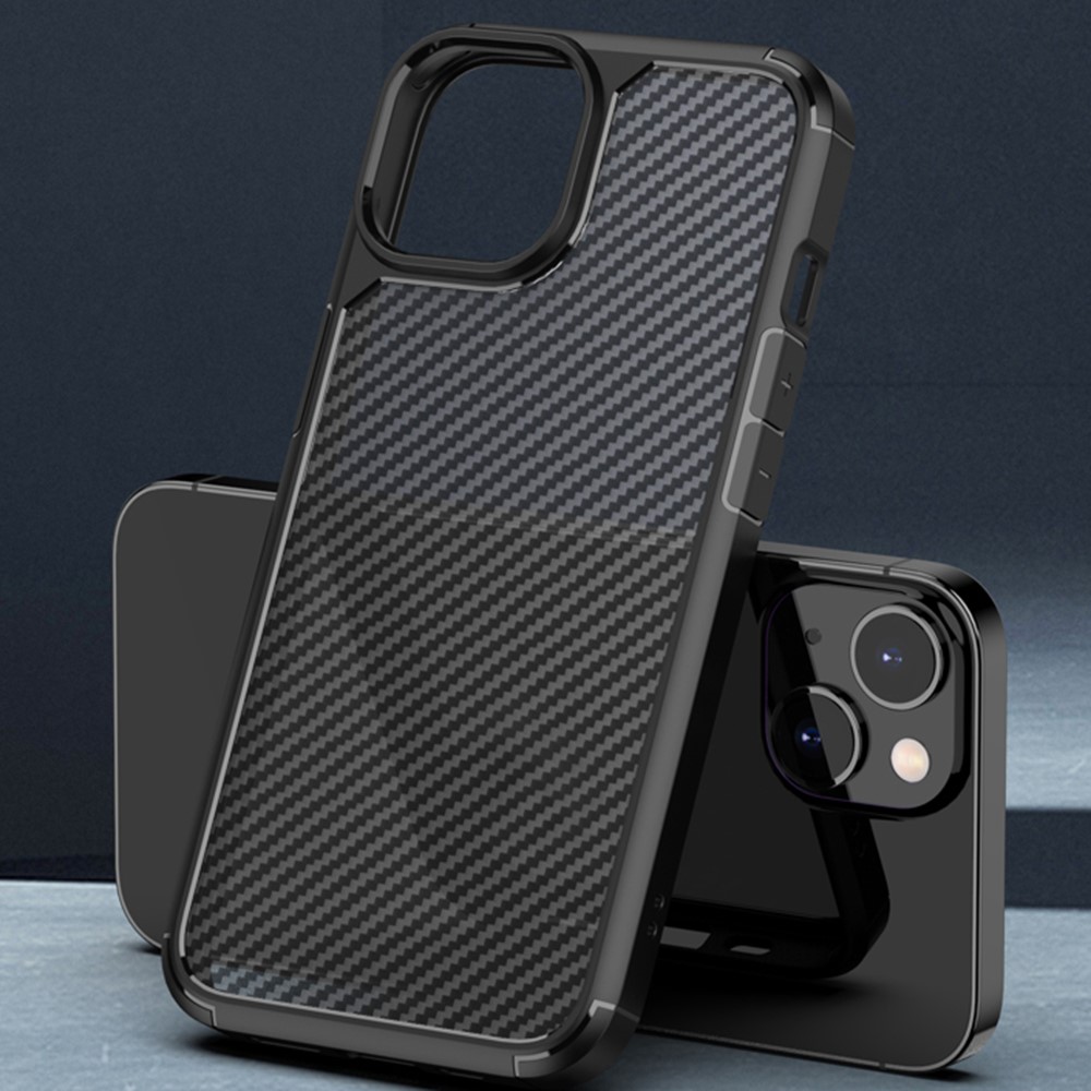Translucent Matte Phone Case for iPhone 14 6.1 inch, Carbon Fiber Texture PC + TPU Airbag Shockproof Cover - Dark Blue-3