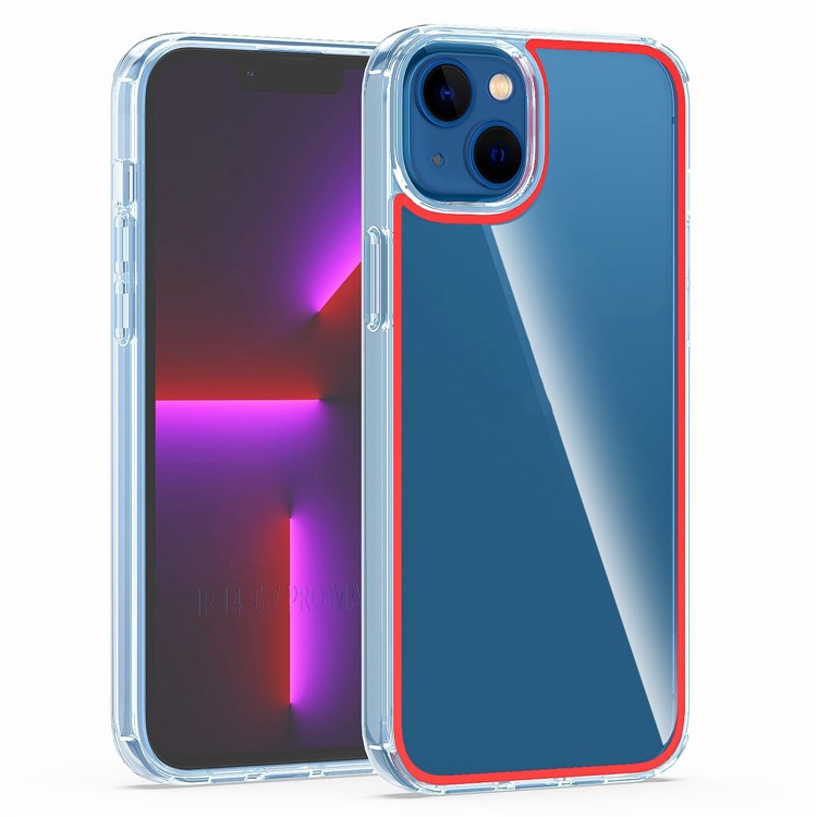 For iPhone 14 Max 6.7 inch Colorful Lines Design Phone Case Electroplating Buttons Clear TPU+Acrylic Anti-drop Shell - Transparent Red-1