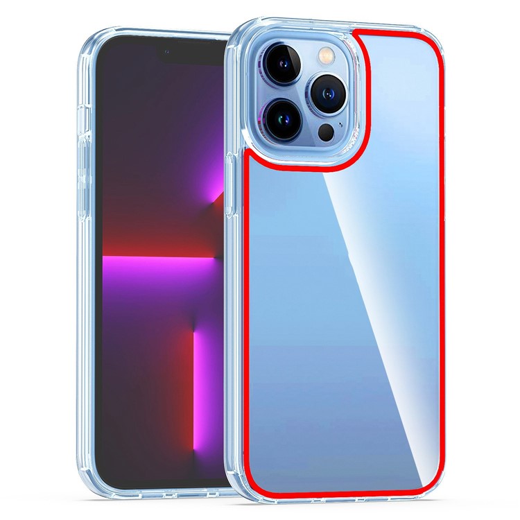 For iPhone 14 Pro 6.1 inch Electroplating Buttons Phone Case Colorful Lines Design Shockproof Clear TPU+Acrylic Shell - Transparent Red-1