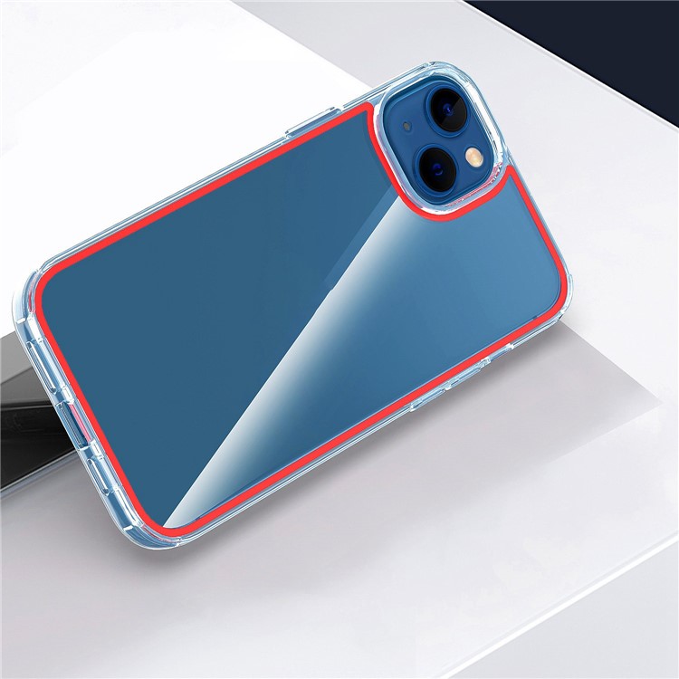 For iPhone 14 6.1 inch Electroplating Buttons Design Clear Phone Case Colorful Lines Design TPU+Acrylic Cover - Transparent Red-7