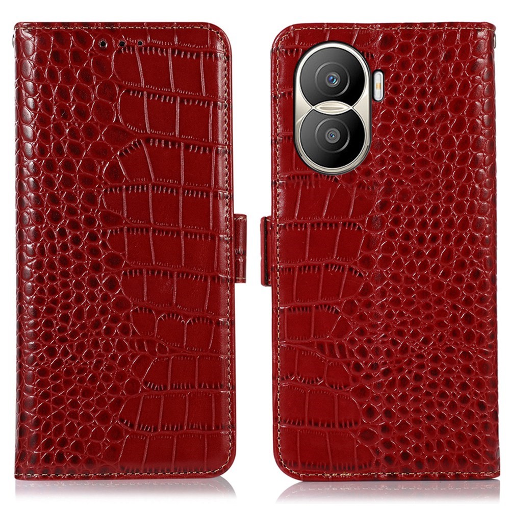 For Honor X40i 5G Anti-scratch Crocodile Texture Phone Case Genuine Cowhide Leather Wallet Stand RFID Blocking Folio Magnetic Closure Phone Cover - Red-1