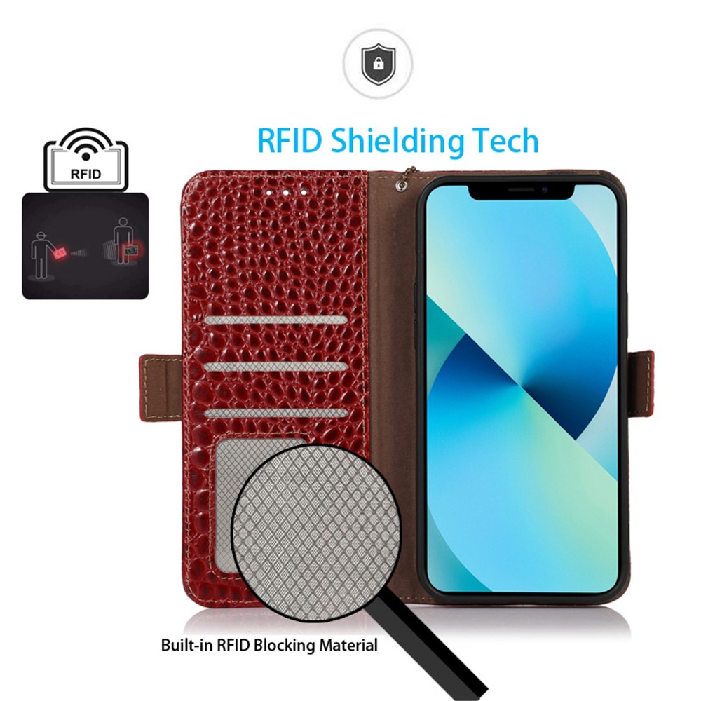 For Honor X40i 5G Anti-scratch Crocodile Texture Phone Case Genuine Cowhide Leather Wallet Stand RFID Blocking Folio Magnetic Closure Phone Cover - Red-4