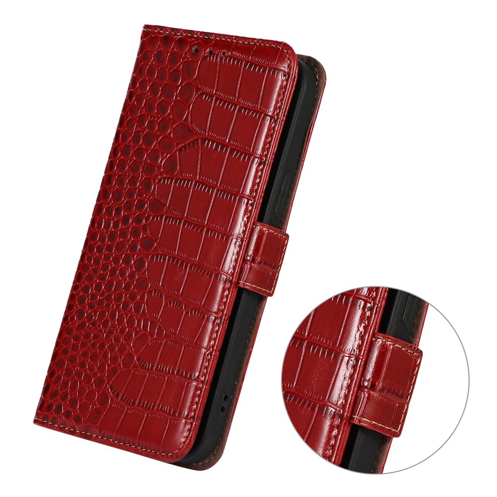 For Honor X40i 5G Anti-scratch Crocodile Texture Phone Case Genuine Cowhide Leather Wallet Stand RFID Blocking Folio Magnetic Closure Phone Cover - Red-5