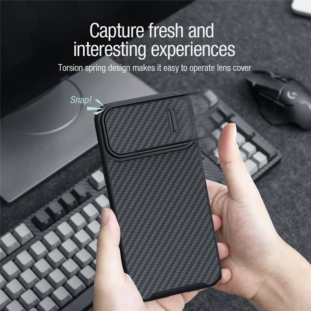 NILLKIN For iPhone 13 Pro Max 6.7 inch Carbon Fiber Phone Case Slide Camera Protection PC + TPU Hybrid Cover-3