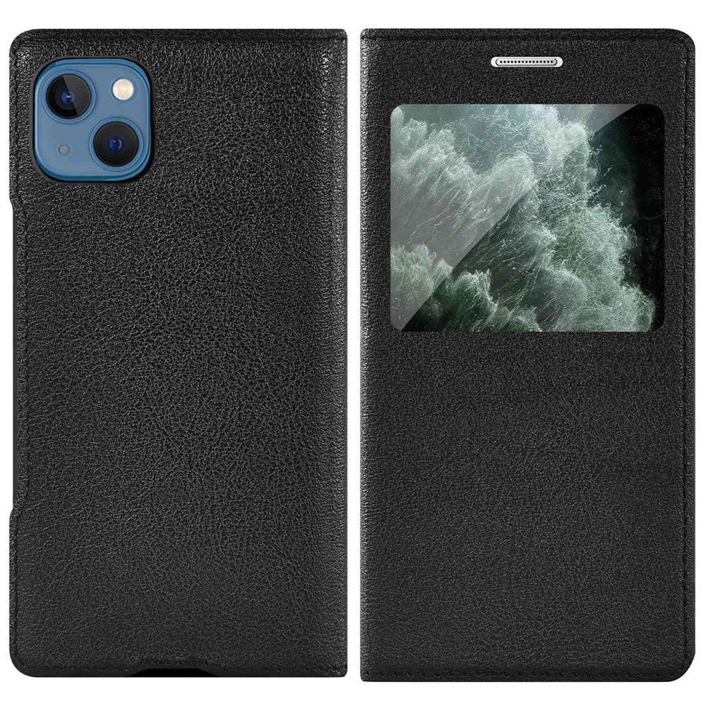 For iPhone 13 6.1 inch View Window Design Phone Cover PU Leather Folio Flip Full Protection Case - Black-1