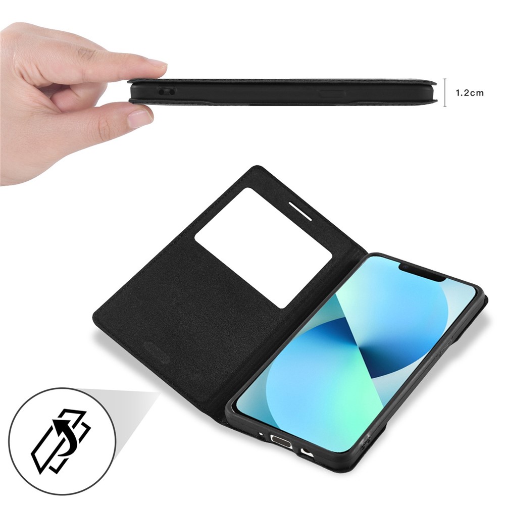 For iPhone 13 6.1 inch View Window Design Phone Cover PU Leather Folio Flip Full Protection Case - Black-3