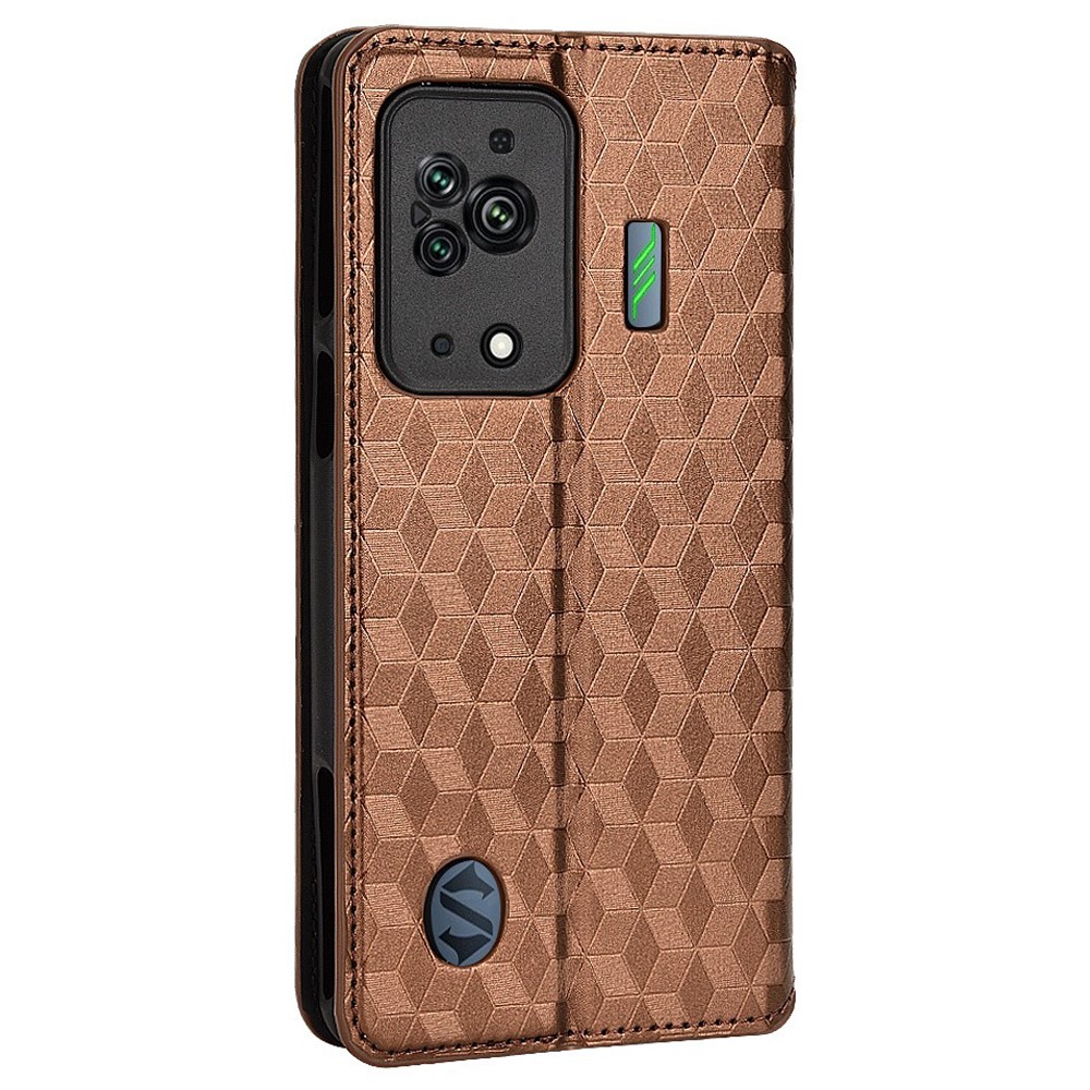 For Xiaomi Black Shark 5 Magnetic Absorption PU Leather Cover Stand Function Imprinting Rhombus Pattern Flip Wallet Case - Brown-7