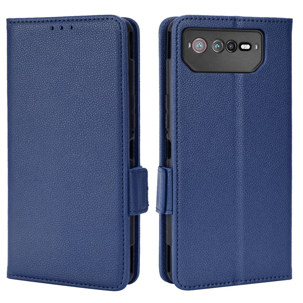 For Asus ROG Phone 6 5G / Phone 6 Pro 5G PU Leather Dual Magnetic Clasp Flip Cover Stand Feature Litchi Texture Wallet Purse Case - Dark Blue-1