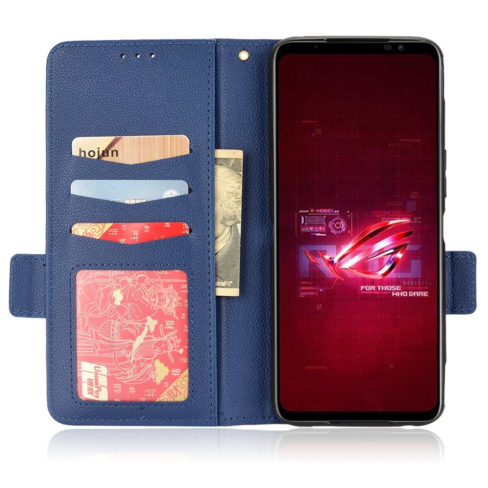 For Asus ROG Phone 6 5G / Phone 6 Pro 5G PU Leather Dual Magnetic Clasp Flip Cover Stand Feature Litchi Texture Wallet Purse Case - Dark Blue-2